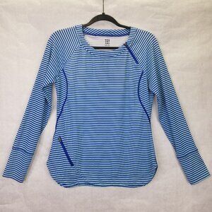 Title Nine Striped Sunblaster Top Women's M UPF Long Sleeve Teal White Scoop Hem